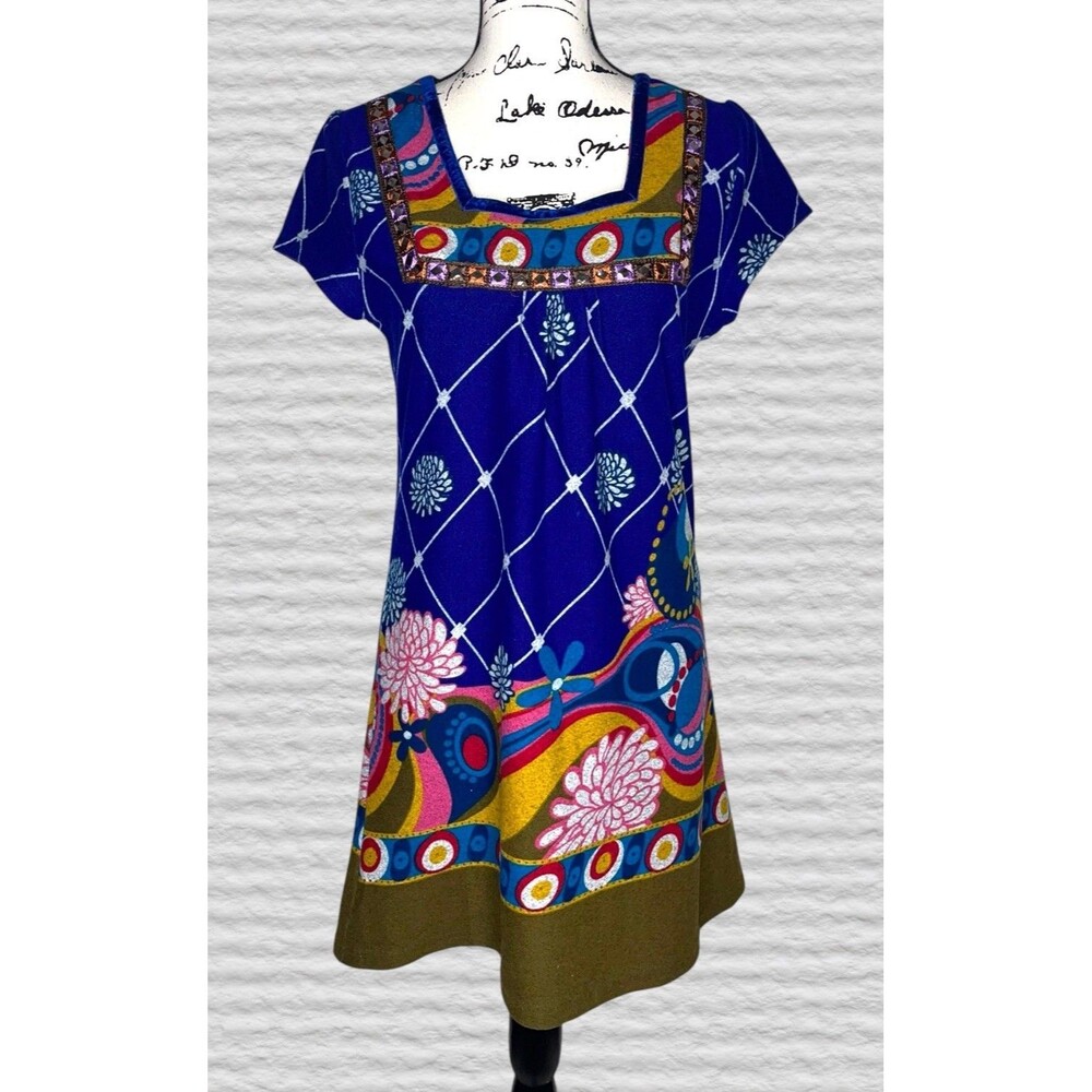 PuraVida Mini Tunic Dress Womens MED Blue Square Neck Retro Print Disco Indie